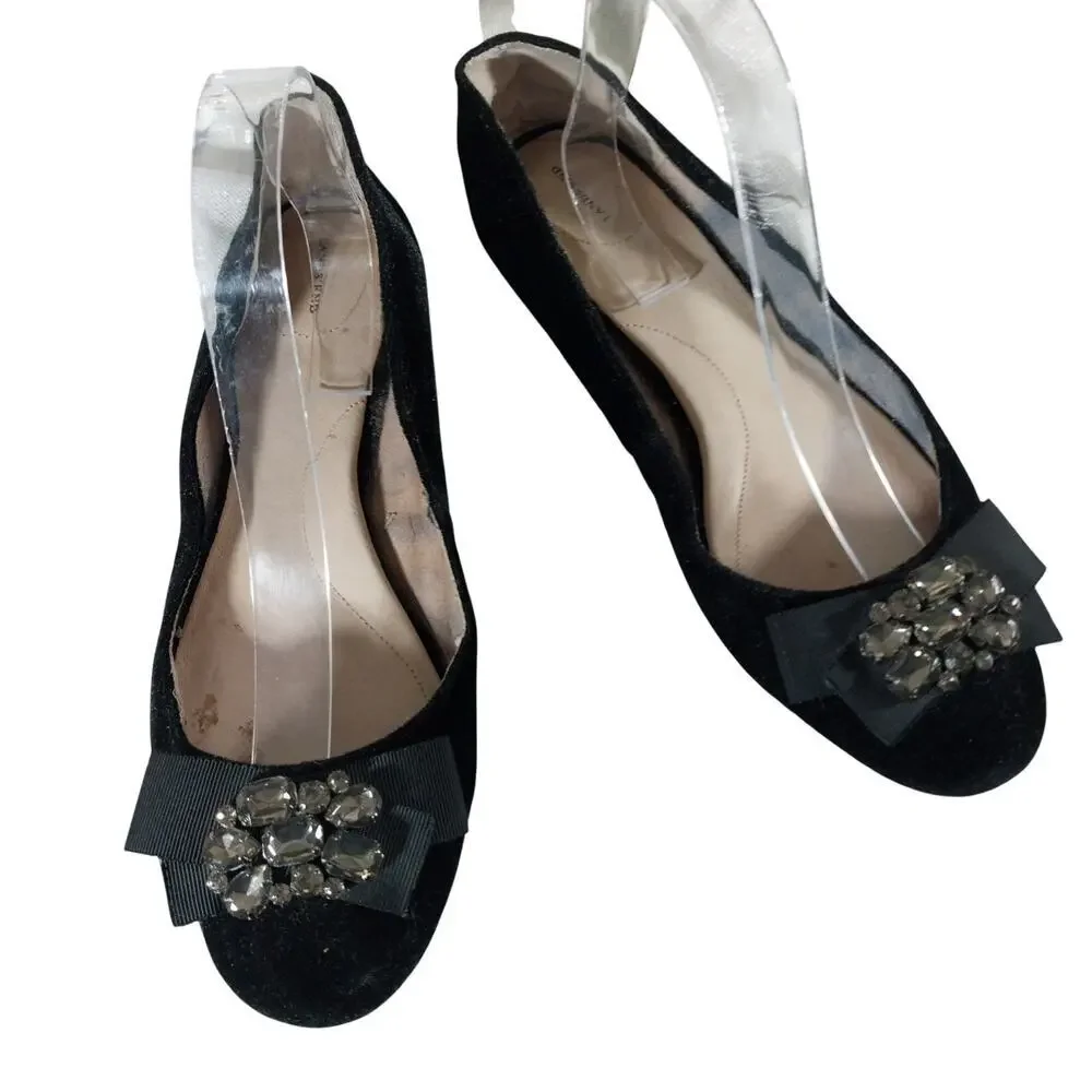 LANDS' END! BLACK VELVET & GROSGRAIN RIBBON BOW, RHINESTONE FLATS! SZ 9.5B